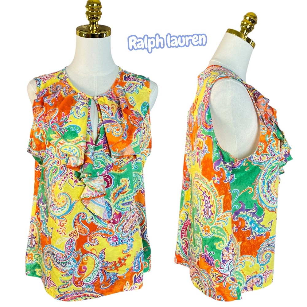 Lauren Ralph Lauren Sleeveless Ruffle Neck Paisley Print Blouse Top XL